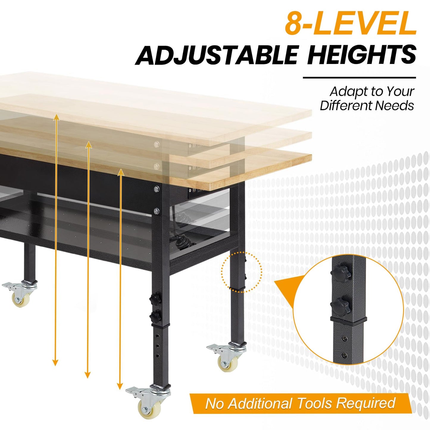 48"/60'' Adjustable Workbench, Rubber Wood Top Work Bench Heavy-Duty Work Table with Power Outlet, Wheels, Partition 2000 LBS Load Capacity Hardwood Work Benches for Garage, Workshop, Home, O - WoodArtSupply