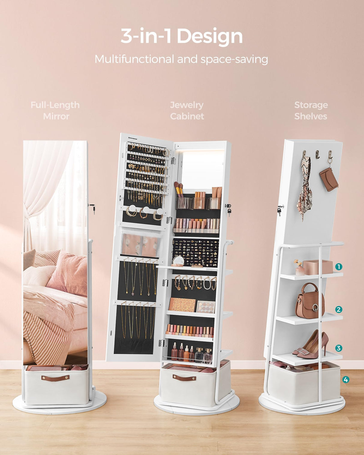 SONGMICS 360° Swivel Mirrored Jewelry Cabinet with Lights, Full-Length Mirror with Jewelry Storage, Standing Jewelry Armoire Organizer, with Large Storage Basket, Makeup Shelf, Cloud White UJJC018W01 SONGMICS