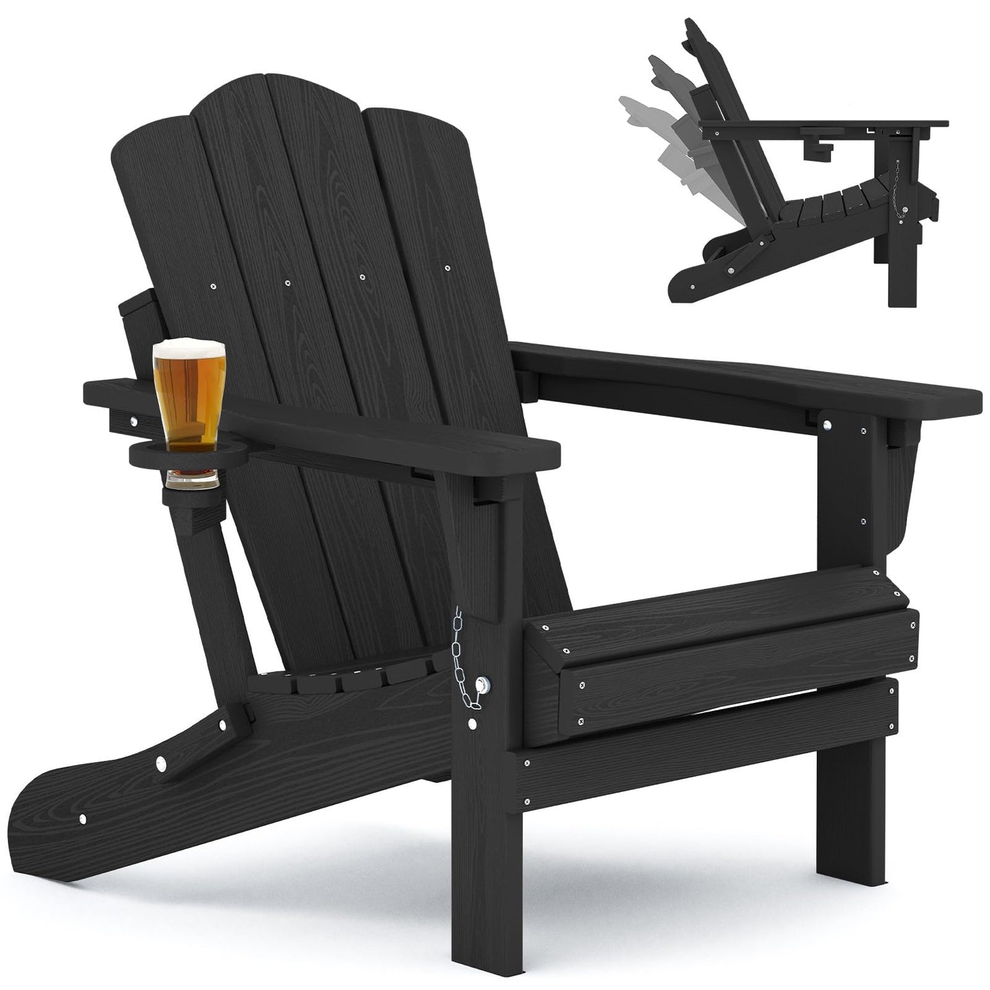 KINGYES Folding Adjustable Backrest Adirondack Chair with Cup Holder, Oversized Weather Resistance Adirondack Chair, HDPE Reclining Adirondack Chair for Adult, Black - WoodArtSupply