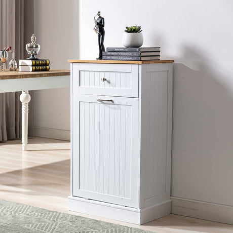 Trash Cabinet Tilt Out Freestanding, Pet Proof Kitchen Trash Cabinet Laundry Hamper with Cutting Board, Wood Garbage Recycling Station Hideaway Trash Holder Drawers (1, White) Gitua