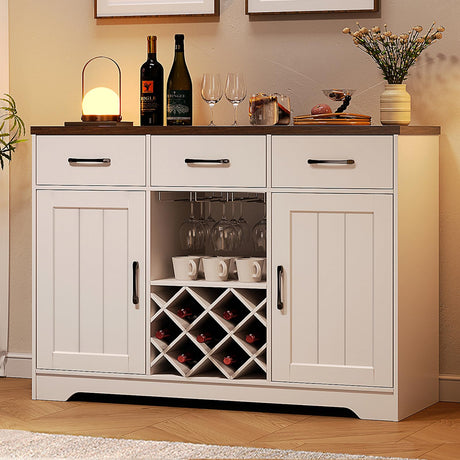 Jocoevol Bar Cabinet, Farmhouse Coffee Bar Cabinet with Storage, Sideboard Buffet Cabinet with Drawers & Wine Glass Rack, Wine Bar Liquor Cabinet Bar for Home, Kitchen, Dining Room Furniture Jocoevol