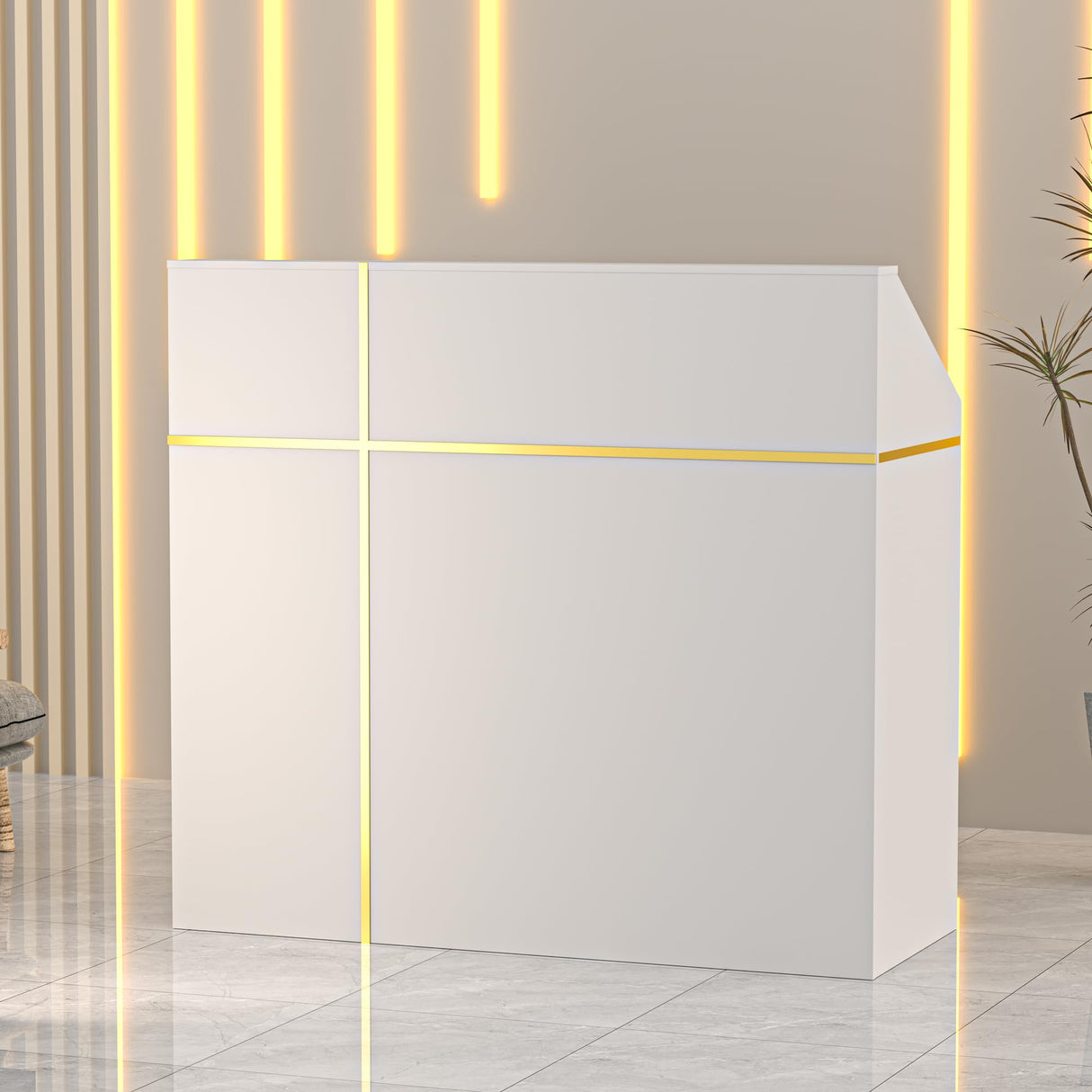 AHB Reception Desk with Counter, Modern Front Table Equipped Lockers & Storage Shelves, 48-inch Checkout Counter with DIY Stripe for Lobbies, Salons, Retail, Home Offices, Reception Room AHB