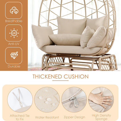 NICESOUL Double Wicker Rocking Egg Chair Oversized Egg Basket Lounge Chair for 2 Persons, Patio Gliding Egg Chair with Legs Thick Cushions 500 Lbs Loveseat for Indoor Outdoor Bedroom Living Room Beige