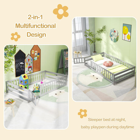 KOMFOTT Twin Size Wood Floor Bed with Door & Fence, Montessori Bed Frame with Full Length Safety Guardrails, Door & Latch, Wooden Montessori Floor Bed for Kids, Girls, Boys (Grey, Twin) KOMFOTT