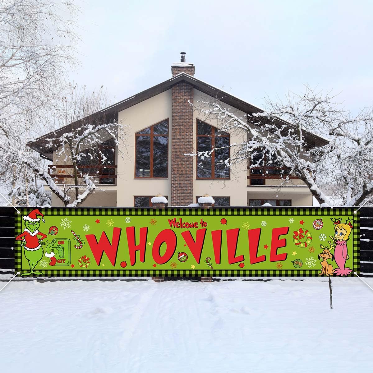 Large Welcome To Whoville Banner for Fence Whoville Christmas Xmas Winter Holiday Decorations Outdoor Outside Fence for Home Jiudungs