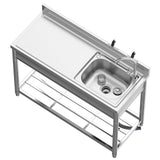 Free Standing Stainless-Steel Single Bowl, Commercial Restaurant Kitchen Sink Set w/Faucet & Drainboard, Prep & Utility Washing Hand Basin w/Workbench & Storage Shelves Indoor Outdoor (47in) KINGBO
