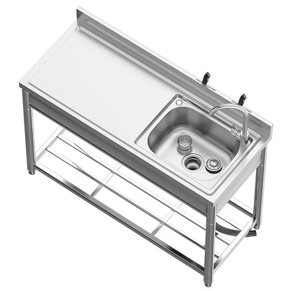 Free Standing Stainless-Steel Single Bowl, Commercial Restaurant Kitchen Sink Set w/Faucet & Drainboard, Prep & Utility Washing Hand Basin w/Workbench & Storage Shelves Indoor Outdoor (47in)