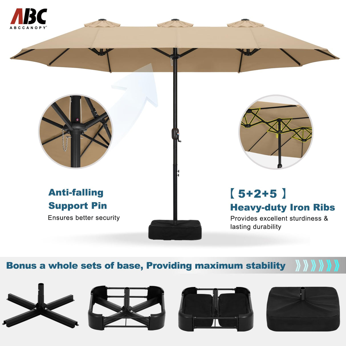 ABCCANOPY 15FT Double-Sided Aluminum Table Patio Umbrella Garden Large Umbrella,Swimming Pool 12+Colors,Khaki ABCCANOPY