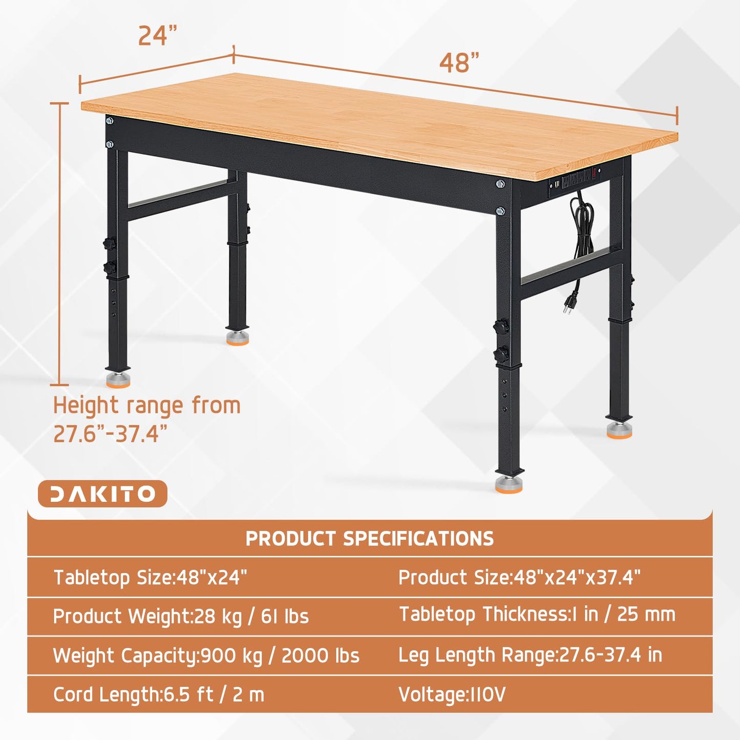 DAKITO 48" Heavy-Duty Workbench Adjustable Work Bench Work Table 2000 LB Load Capacity w/Hardwood Top, Power Outlets, Foot Pads and Metal Frame for Garage, Workshop, Office, Home, Workstation