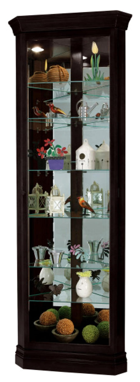 Howard Miller Duane Corner Curio Cabinet – Black Finish Glass Display with Mirrored Back, Adjustable Shelves, Built-in Lighting, and Locking Door for Showcasing Collectibles Modern Home Décor Howard Miller