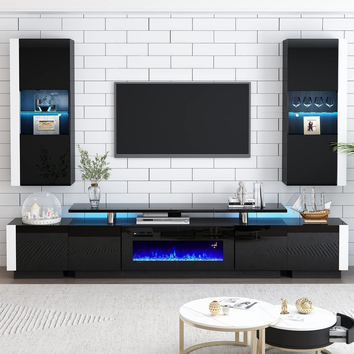 AMERLIFE Wall Unit Entertainment Center with Fireplace and Bookshelves, Includes 70" 2-Tier Fireplace TV Stand, 2 x Wall Cabinets & 2 x End Tables, Modern LED Lights TV Console for Living Room, Black AMERLIFE