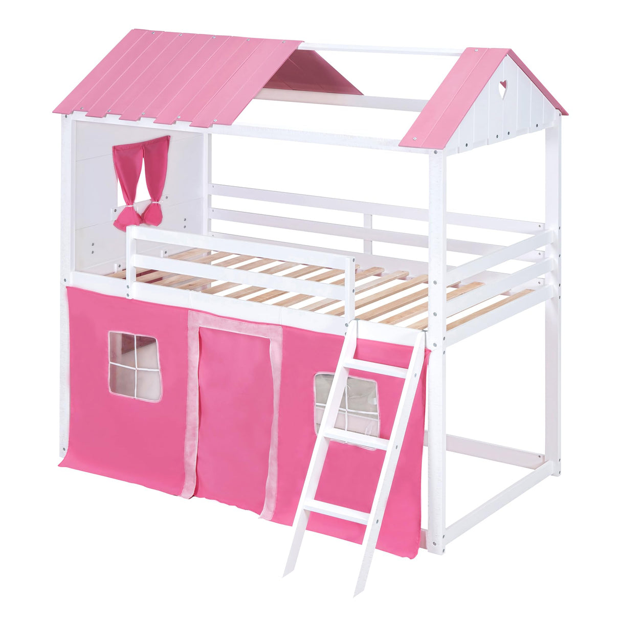 Harper & Bright Designs Full Over Full Bunk Beds for Kids,Wood Sweet Heart Novelty Bunk Bed with Elegant Windows, Sills and Tent,House Bunk Beds for Girls,Boys,Pink+White Harper & Bright Designs
