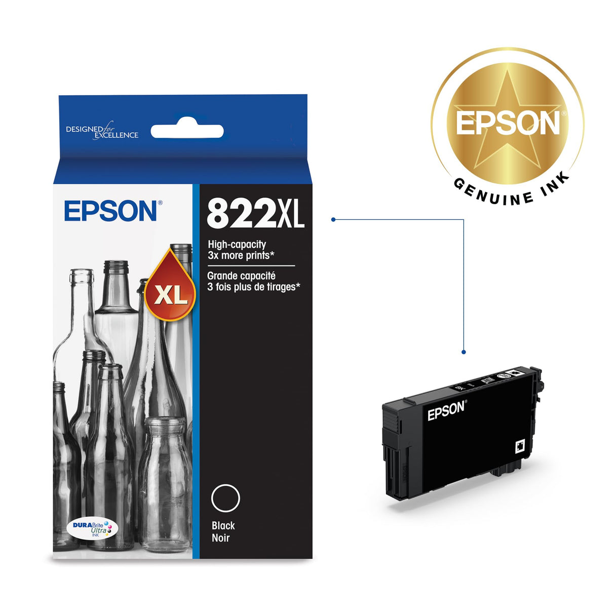 EPSON 822 DURABrite Ultra Ink High Capacity Black Cartridge (T822XL120-S) Works with WorkForce Pro WF-3820, WF-3823, WF-4820, WF-4830, WF-4833, WF-4834 Epson