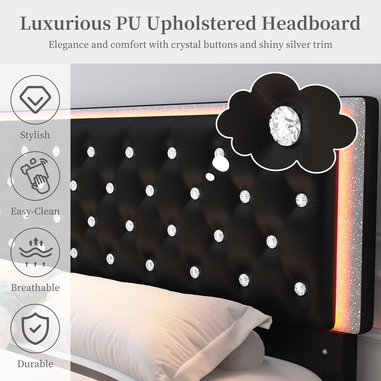 SIBEDS Queen LED Bed Frame with 2 Drawers, Storage Platform Beds with Upholstered Crystal Button Tufted Headboard Footboard, 2 Side Pockets, No Box Spring Needed, PU Black SIBEDS