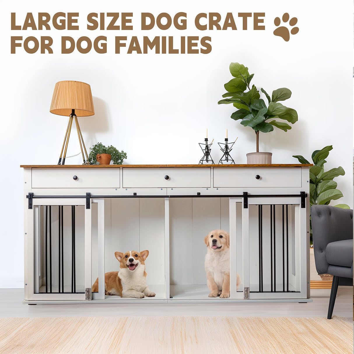 Sunseen Dog Crate Furniture Large Breed Wooden Dog Kennel with Room Divider & 3 Drawer,Double Doors Heavy Duty Dog Crate End Table Indoor TV Stand for Small Medium Large Dog,72''W*24''D*35''H,White sunseen