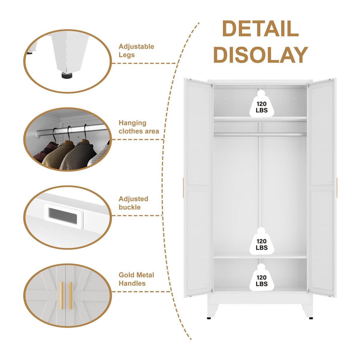 XIUSVON Metal armoire Wardrobe Closet with Hanging Rod,71'' Metal Wardrobe Cabinet with 2 Doors and 2 Adjustable Shelves, Bedroom armoires,Laundry Room cabinets,armario de ropa Closet(Classic, White) XIUSVON