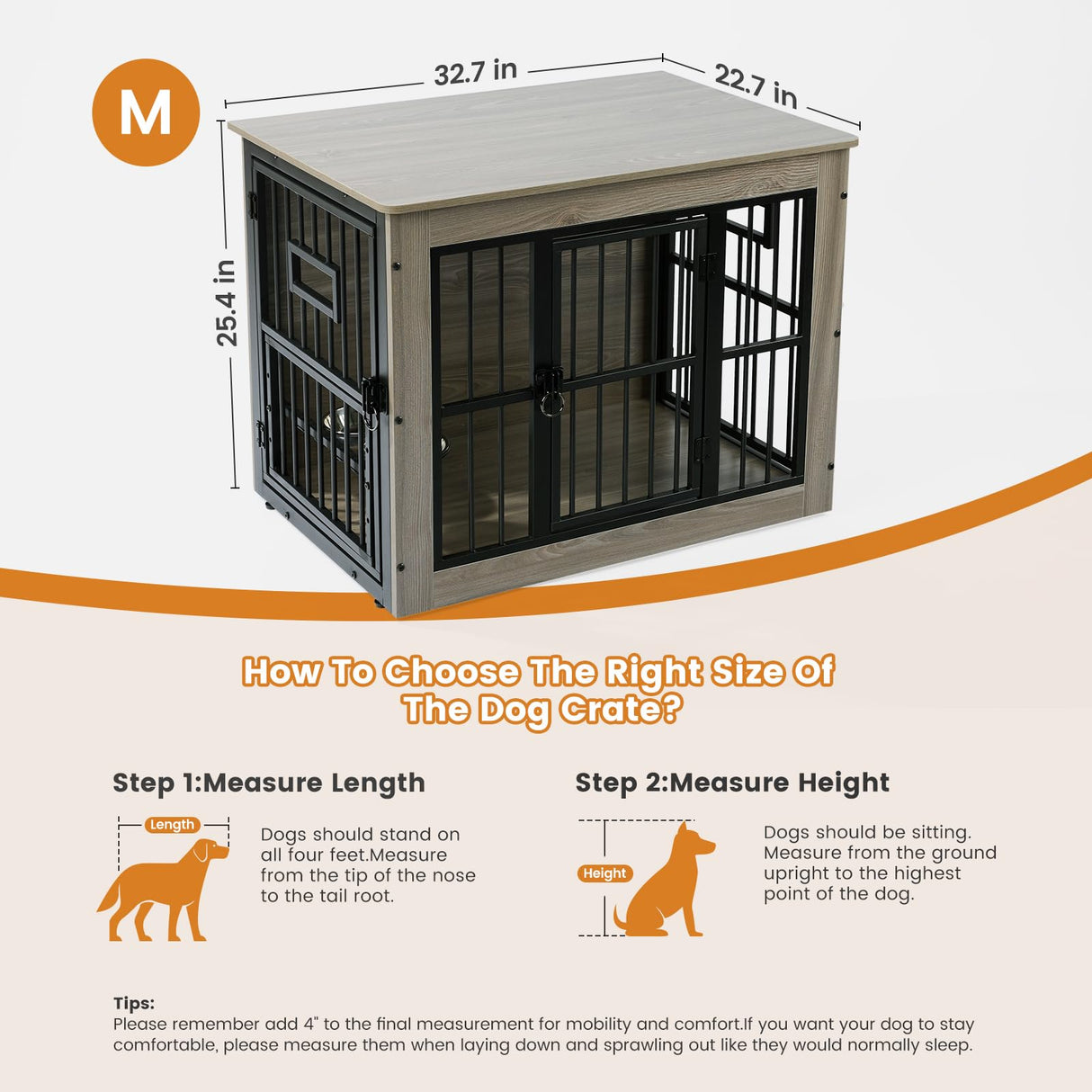 Gardner Pet Dog Crate Furniture for Medium Dogs, 32.7 Inch Dog Kennel Indoor, Wooden Dog Cage End Table with 2 Removable Bowls, Heavy Duty Dog Crate, Rustic Grey Gardner Pet