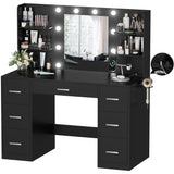 YESHOMY Vanity Desk with Mirror, Power Outlet and 10 Lights, Makeup Table with 7 Drawers, 3 Color Modes Available for Bedroom, Dark Black YESHOMY