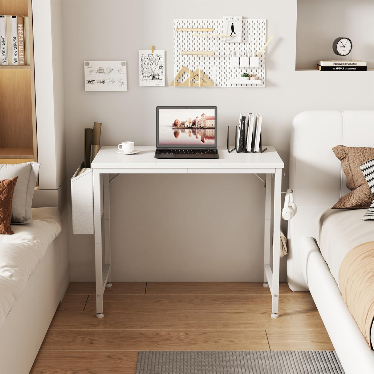 Lufeiya Small White Desk for Small Spaces, 32 Inch Kids Girls Study Writing Desks for Bedroom, Simple Modern Laptop PC Little Side Table with Storage Bag Headphone Hook, White Lufeiya