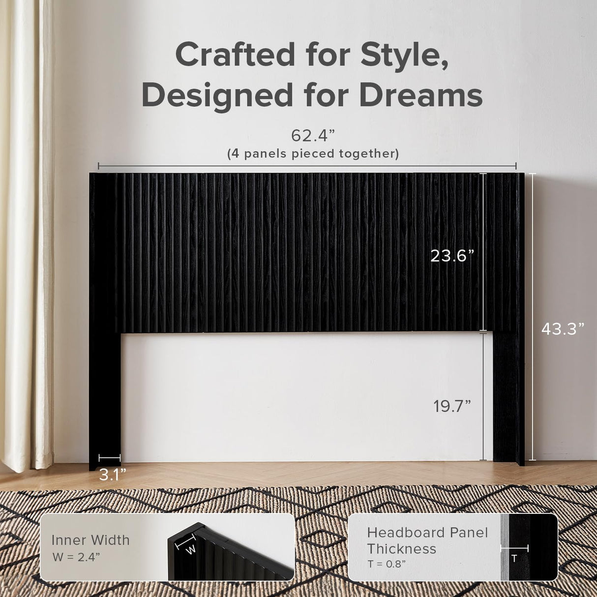 mopio Brooklyn Headboard, 62.4" Wide Headboard Only, Wood Headboard, Modern Farmhouse, Boho, Wall Mount, Fluted Panel, Wingback Design (Black Oak, Queen) mopio