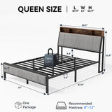 Queen Size Bed Frame with Ergonomic Storage Headboard, Solid Metal Platform Bed Frame with Charging Station and LED Light, Easy Assembly, No Box Spring Needed, Noise Free, Modern Grey Susalt