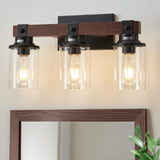 Aixialin Farmhouse Wood Vanity Light for Bathroom, 3-Light Wood Bathroom Vanity Light Fixtures Over Mirror, Rustic Sconces Wall Lighting with Metal Lampshade for Bathroom, Bedroom, Hallway Aixialin