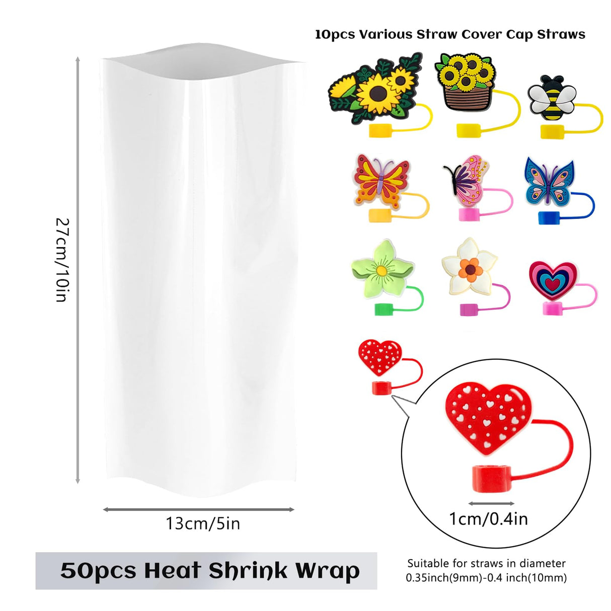 Daily Treasures 50pcs Sublimation Shrink Wrap Sleeve Set (with 10pcs Cute Straw Cover Caps),5×10"Heat Shrink Wrap,White Bag Heat Shrink Film,Sublimation Wraps For 20oz Tumblers Mugs Cups Jars Cosmetic Daily Treasures
