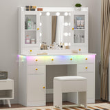 Wodeer Vanity Desk with Mirror and Lights, 43" White Makeup Vanity Set with 5 Drawers & Glass Cabinets, Storage Stool, Power Outlet & Adjustable LED Lights, Dressing Table for Women & Girls Bedroom Wodeer
