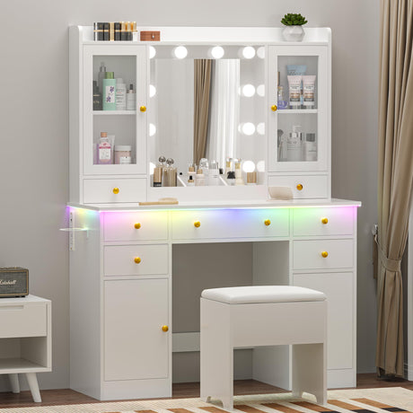 Wodeer Vanity Desk with Mirror and Lights, 43" White Makeup Vanity Set with 5 Drawers & Glass Cabinets, Storage Stool, Power Outlet & Adjustable LED Lights, Dressing Table for Women & Girls Bedroom Wodeer