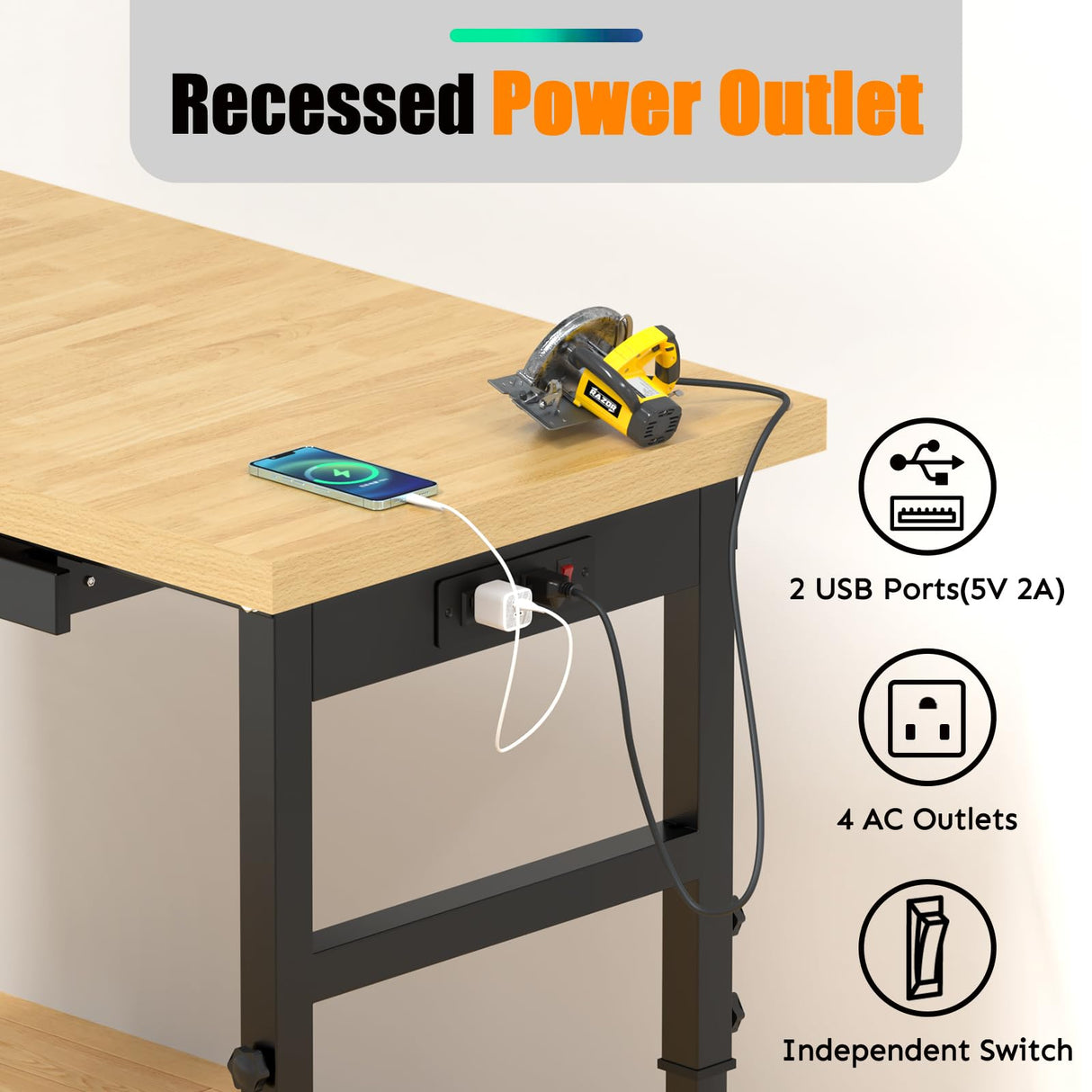 Granper 48" Work Bench with Drawers, Adjustable Height Workbench with Wheels and Power Outlets, Heavy-Duty 3000 LBS Capacity Wood Work Table for Garage, Workshop, Office, Home Granper