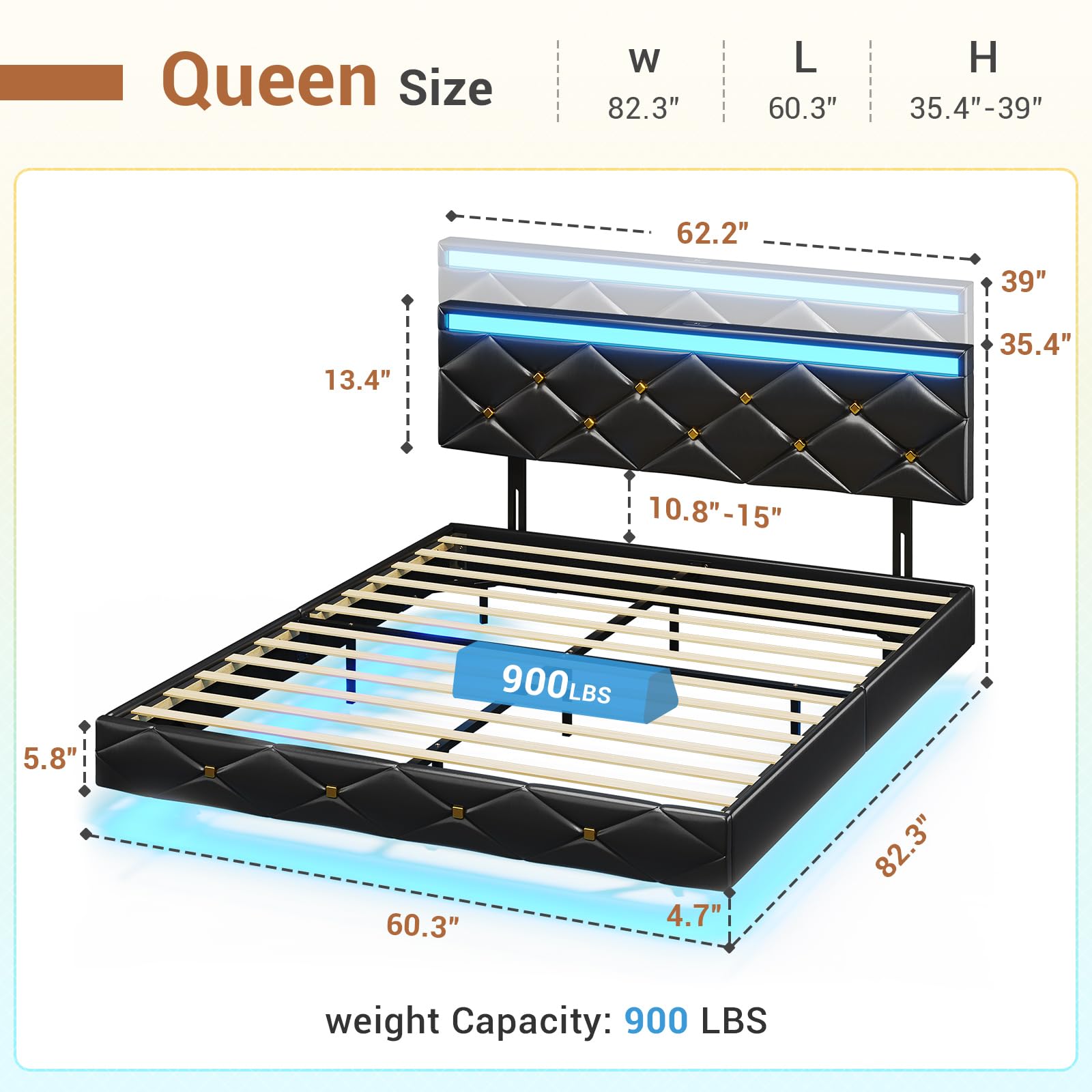 Hasuit Modern Queen Floating Bed Frame with LED Lights & Built-in Charging Station - WoodArtSupply