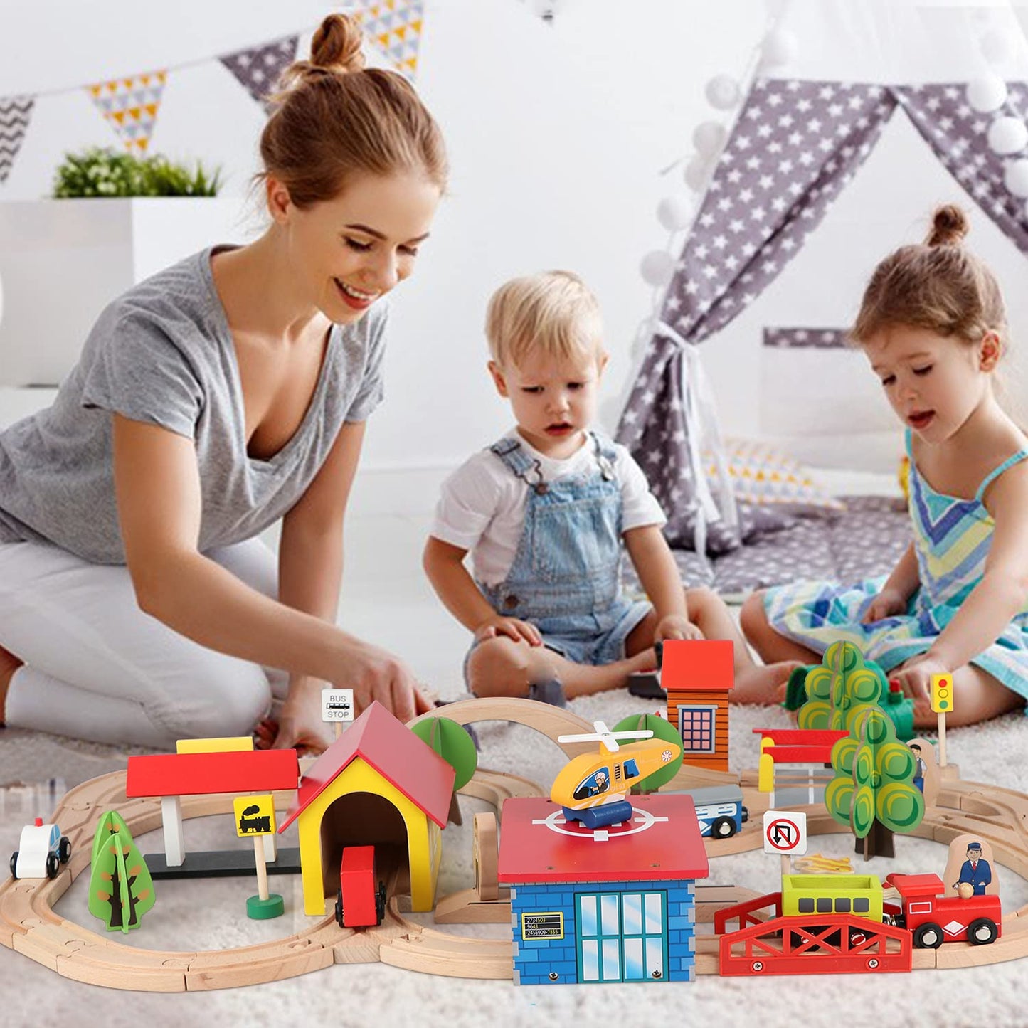 Qilay 69 PCS Wooden Train Set -Premium Wood Train Tracks & Trains Toys for Toddlers 3,4,5 Years Old, Expandable Train Toys Railway Kits for Girls - WoodArtSupply