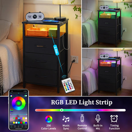 Yoobure Night Stand with Charging Station, 16 Colors LED Nightstand with USB Ports and Outlets, End Table with 3 Fabric Drawers and Storage Shelf, Bedside Tables Small Dresser for Small Space Black Yoobure