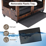 Snowtaros Dog Crate Furniture, Wooden Dog Kennel with 360° Rotatable Bowls, Heavy Duty Dog Crate with Double Doors, Dog Cage End Table Indoor with Removable Tray Swiveling Wheels for Small Medium Dogs Snowtaros