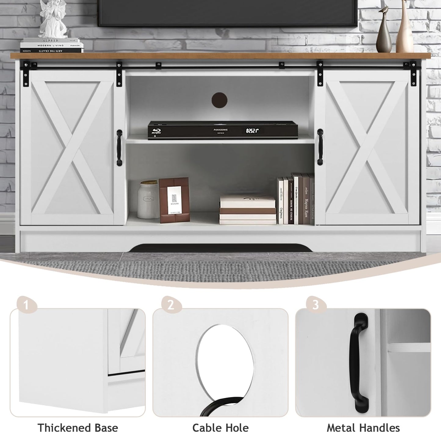 4 EVER WINNER White TV Stand for 65 Inch TV, 58" Farmhouse Entertainment Center with Sliding Barn Doors for Televisions up to 65+ Inch, TV Stand 65 Inch with Adjustable Shelf for Living Room