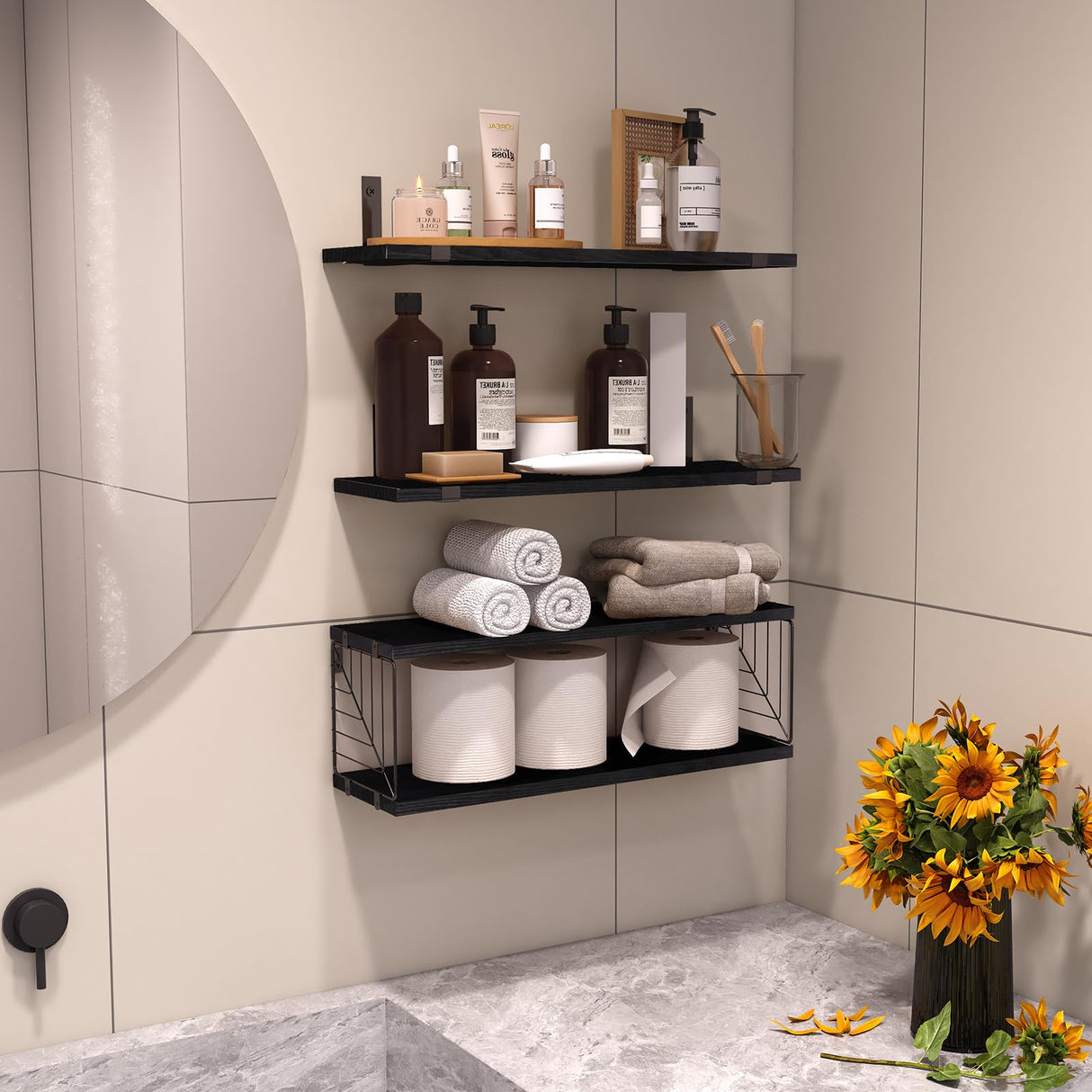 Fixwal 3+1 Tier Bathroom Floating Shelves Over Toilet, 15.8in Farmhouse Rustic Wood Shelves, Wall Decor for Bathroom, Living Room,Bedroom and Kitchen (Black) Fixwal