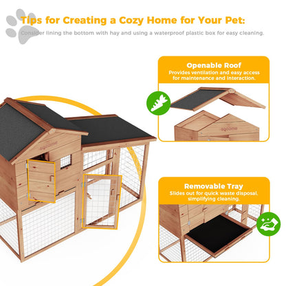 SOCOME 65" Solid Wood Rabbit Cage, Outdoor Rabbit Hutch with Run Area, Ventilation Fencing, Openable Roof, Lockable Doors and Ramp, Waterproof Animal House for Cats, Guinea Pigs, Ducks, Cherry