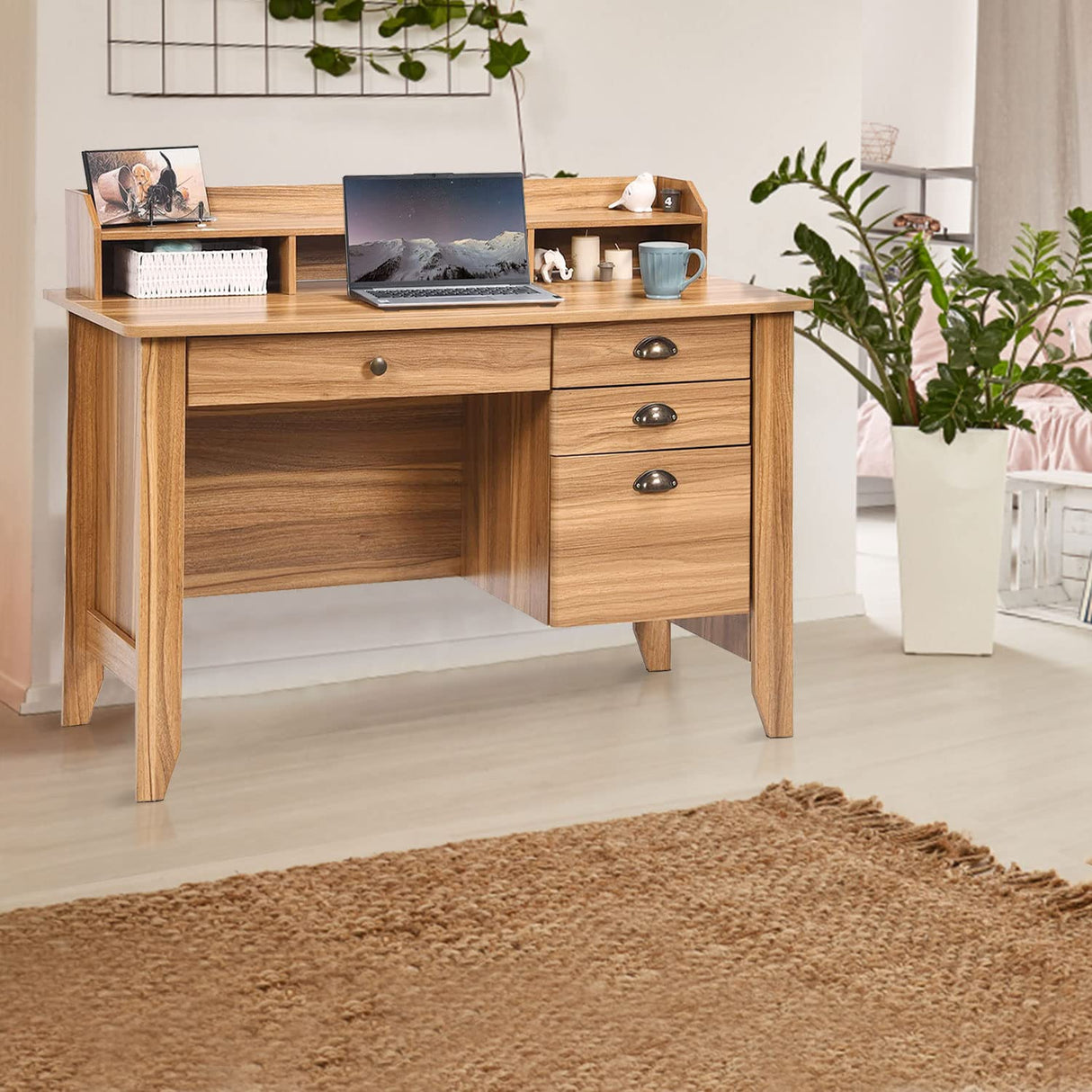 Catrimown Computer Desk with Drawers and Hutch, Farmhouse Home Office Desk Writing Table Wood Executive Desk Student Desk with File Drawer for Small Space, Bedroom, Rustic Oak Catrimown