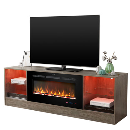 Kentsky 72" Fireplace TV Stand, Entertainment Center with 36" Electric Fireplace, LED Light Wood Storage Cabinet Table, Media Console for TVs Up to