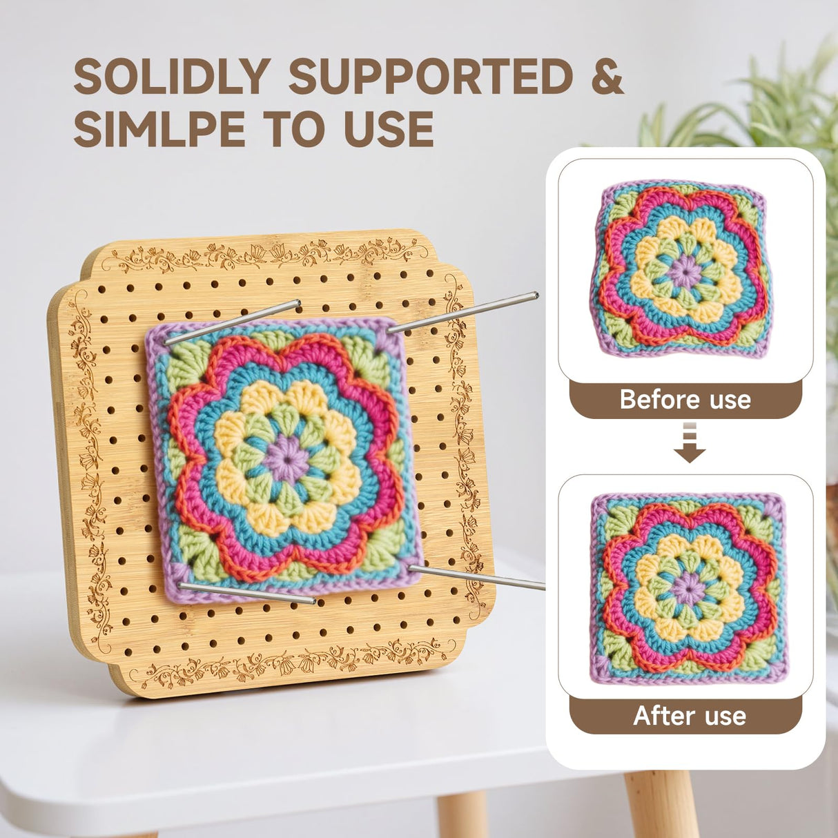 Crochet Blocking Board with Tulips Pattern, 22 Pins/Pegs, Blocking Board for Crocheting Knitting, Bamboo Granny Square Blocking Boards for Crochet Projects, Crocheting Accessories Gifts FEIYAUMI