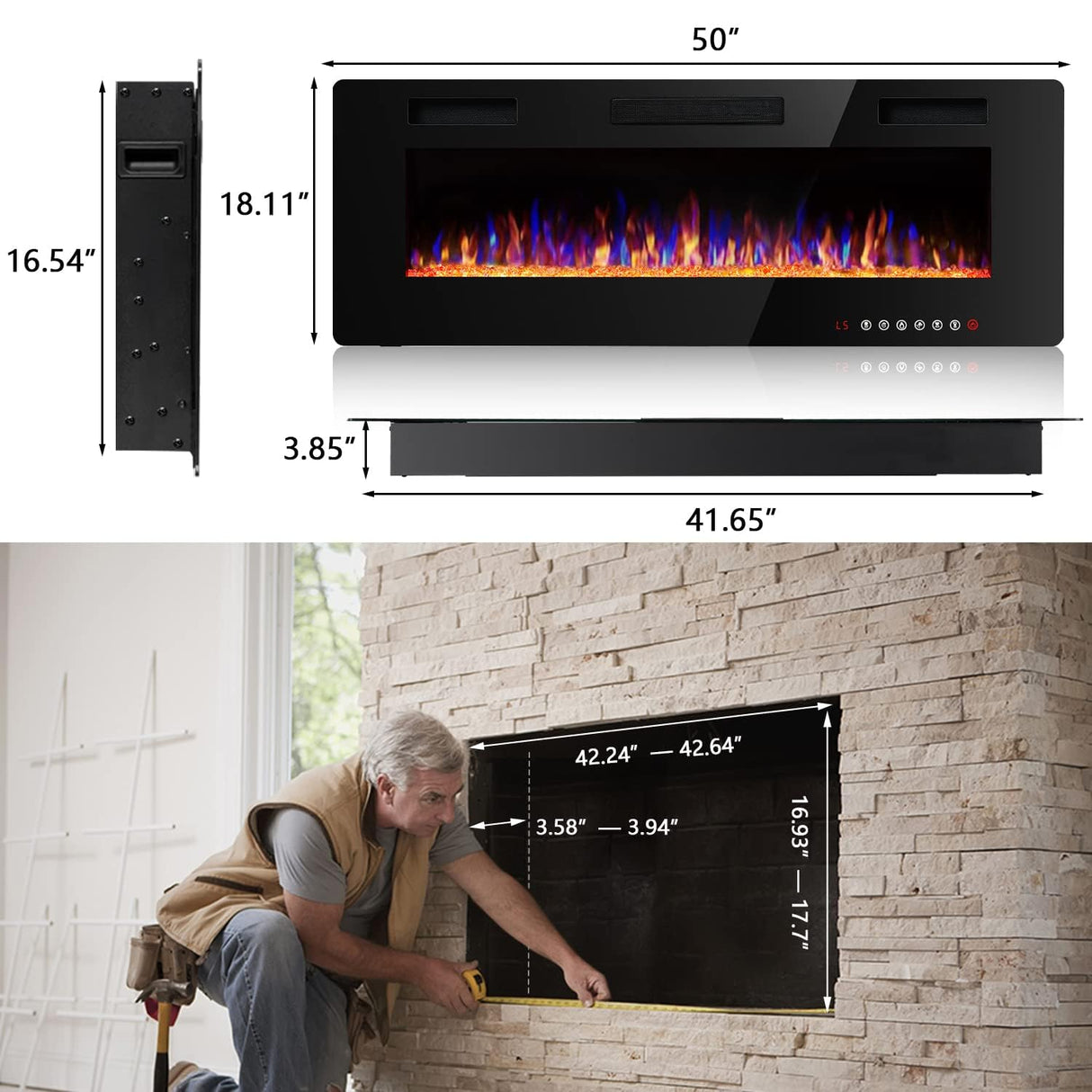 Vitesse 50 inch Ultra-Thin Electric Fireplace in-Wall Recessed and Wall Mounted Linear Fireplace Heater with Multicolor Flame,Timer,Low Noise,750/1500W,Touch Screen & Remote Control(50’’) VITESSE