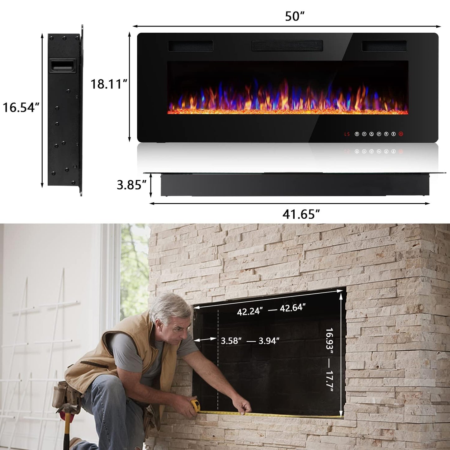 Vitesse 50 inch Ultra-Thin Electric Fireplace in-Wall Recessed and Wall Mounted Linear Fireplace Heater with Multicolor Flame,Timer,Low Noise,750/1500W,Touch Screen & Remote Control(50’’)