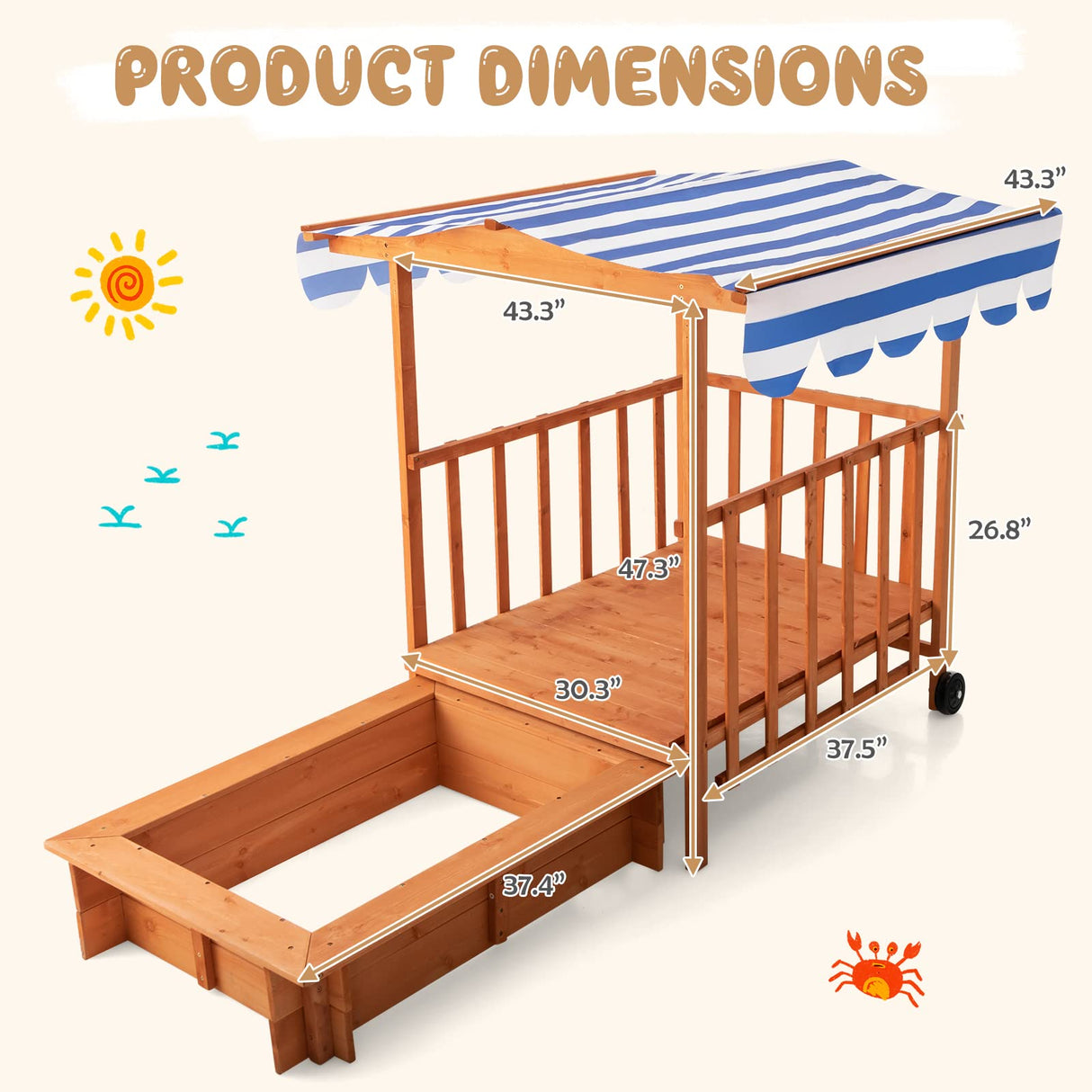 INFANS 3 in 1 Kids Sandbox with Canopy and Cover Rear Wheels Guardrails, Wooden Cedar Cabana Sandbox Playhouse for Outdoor Beach Backyard Lawn Garden Play Home Children Playset Sandpit INFANS
