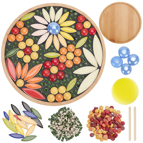 WEBEEDY DIY Mosaic Craft Kit Flower Mosaic Bamboo Coasters Kits for Adults Beginner, Mixed Color Glass Mosaic Tiles with Round Coaster Base for Handmade Mosaic Coaster Home Decor Christmas Gift, 6.1" WEBEEDY