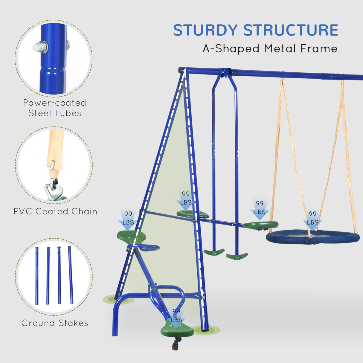 Outsunny 693 lbs Swing Set for Backyard, 5 in 1 Heavy-Duty A-Frame Stand Outdoor Playset for Kids, with Saucer Swing, Slide, Seesaw, Glider, Swing Seat Outsunny