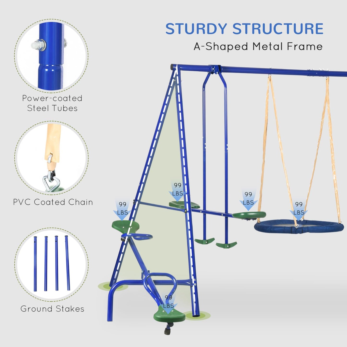 Outsunny 693 lbs Swing Set for Backyard, 5 in 1 Heavy-Duty A-Frame Stand Outdoor Playset for Kids, with Saucer Swing, Slide, Seesaw, Glider, Swing Seat - WoodArtSupply