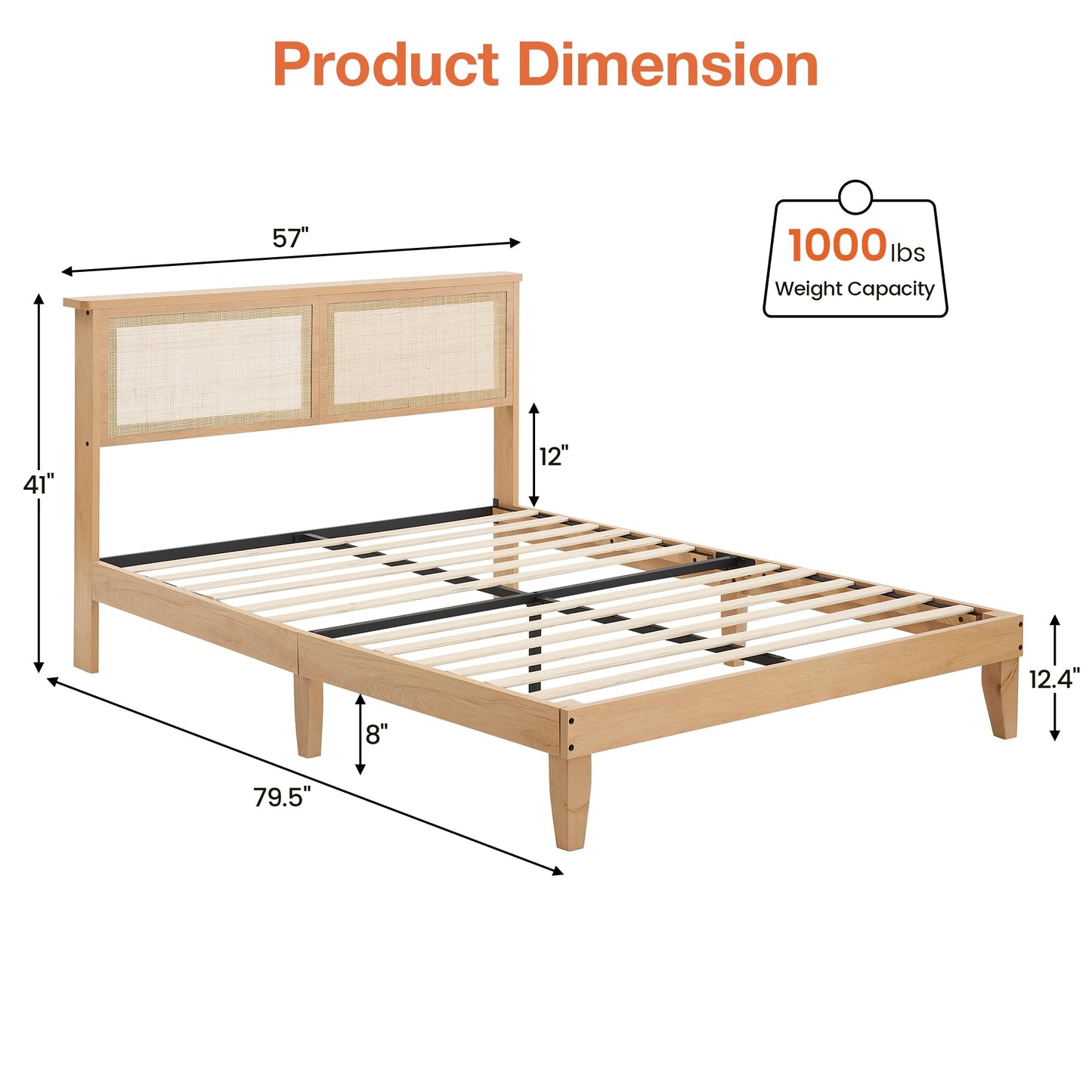 Deluxe Solid Wood Full Bed Frame with Rattan Headboard and LED Lights by GAOMON - WoodArtSupply