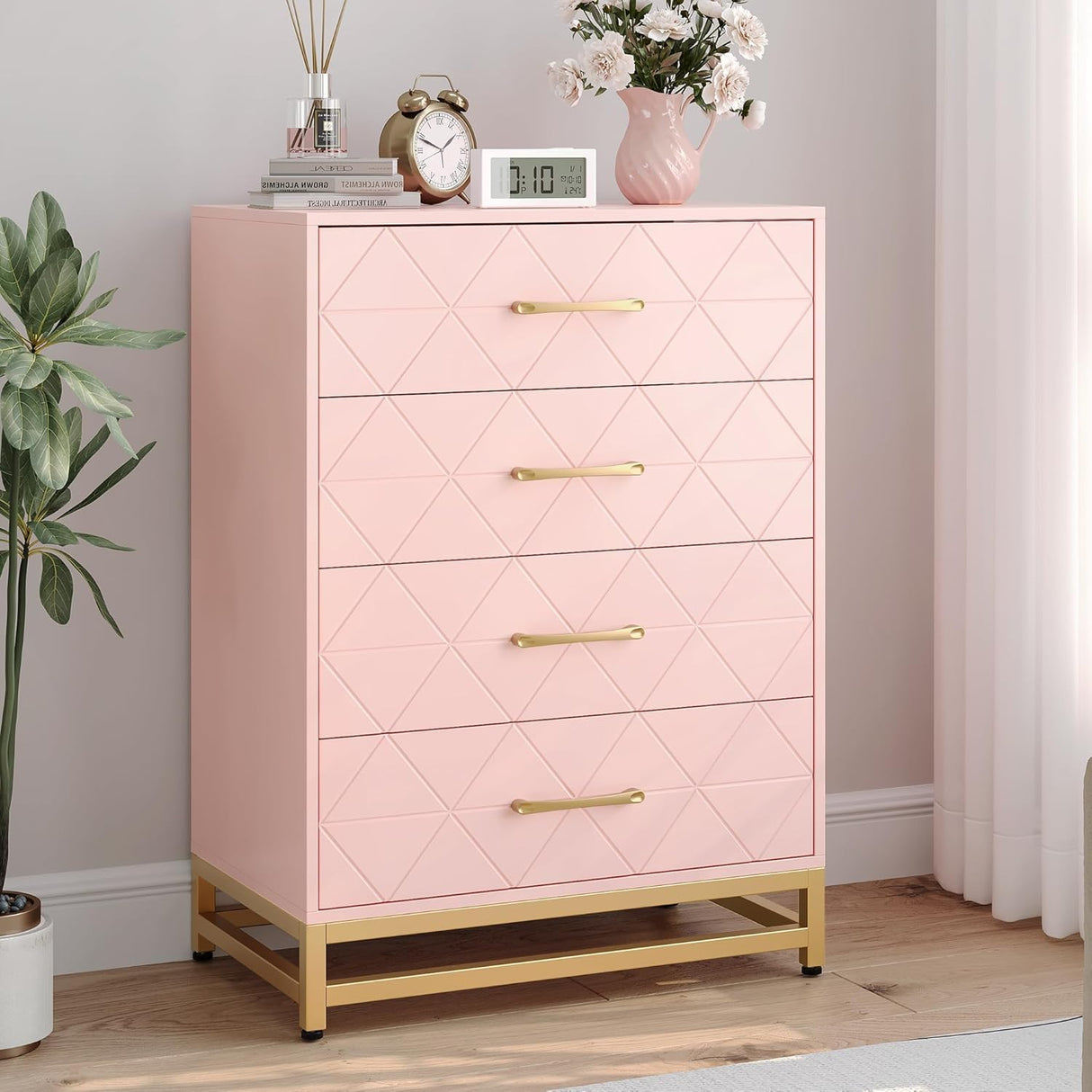 TrailBlaze 4 Drawer Dresser for Bedroom, Wooden Chest of Drawers, Modern Storage Tower with Metal Handles and Legs, Storage Organizer Unit with Anti-Tipping Device for Bedroom, Living Room, Pink TrailBlaze