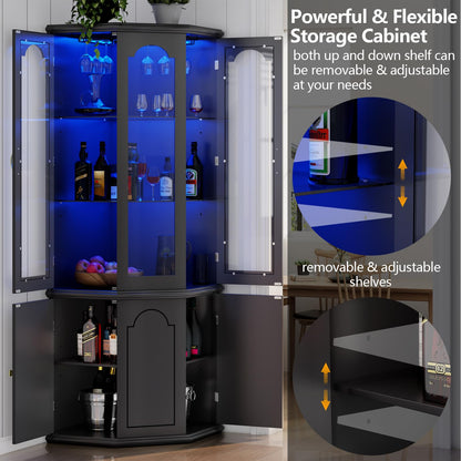 Gyfimoie Corner Bar Cabinet w/LED Lights, Tall Modern Wine Cabinet with Tempered Glass Door & Adjustable Shelves, Home Bar Liquor Storage Cabinet with Glass Rack for Living Room, Dining Room (Black)