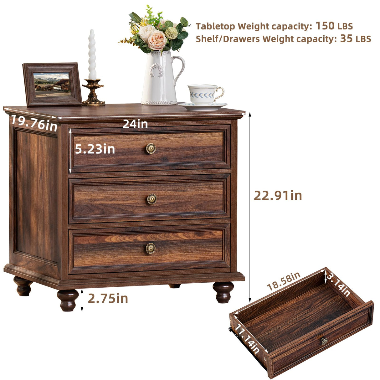 Joaxswe 24" Wide Farmhouse Night Stand Set of 2,Large End Table with 3 Drawers & Metal Handle,Wood Dresser for Bedroom,Bed Side Table Chest of Drawers Cabinet,Brown Nightstand for Living Room,Closet Joaxswe